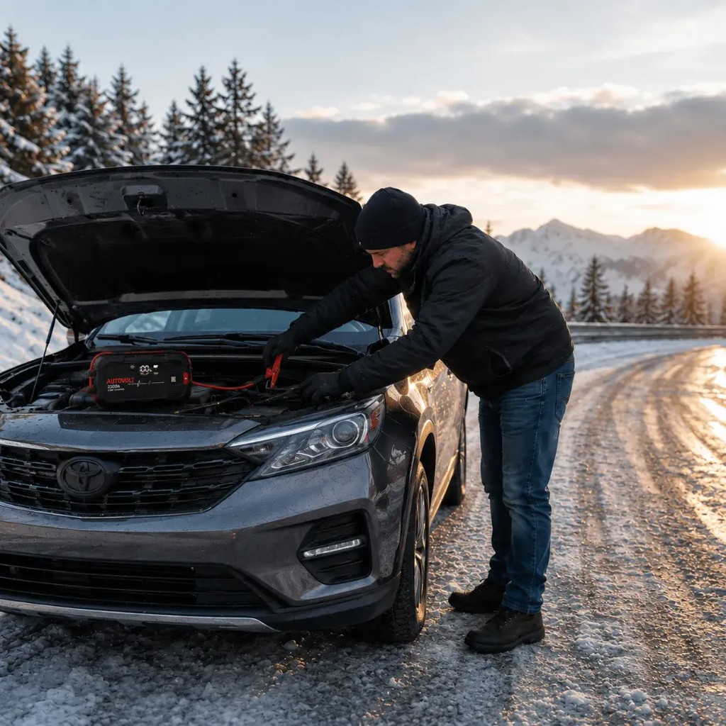 Autovolt™ 4250A jump starter connected on a snowy mountain road
